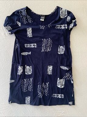 Resort Navy and White Printed Short-Sleeve Midi Dress